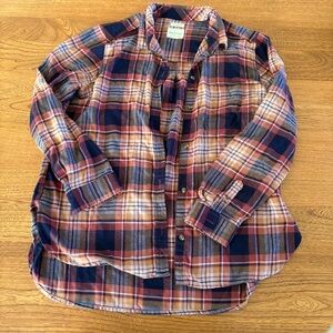 American Eagle plaid flannel long sleeve button down shirt orange navy blue sz L